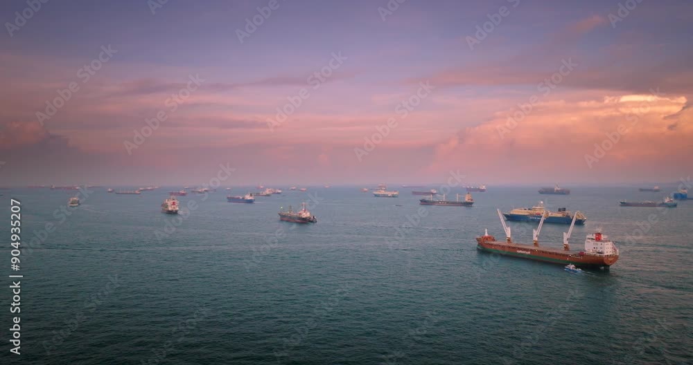 Bulk cargo container ships anchored near Singapore Port at sunset, aerial view Bulk cargo container ships anchored near Singapore Port at sunset, aerial view