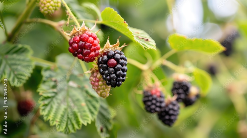 Blackberries on bush with single ripe berry text space Blackberries on bush with single ripe berry text space