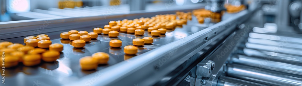 Automated Pharmaceutical Production Line with Orange Pills on Conveyor Belt in Modern Factory Automated Pharmaceutical Production Line with Orange Pills on Conveyor Belt in Modern Factory