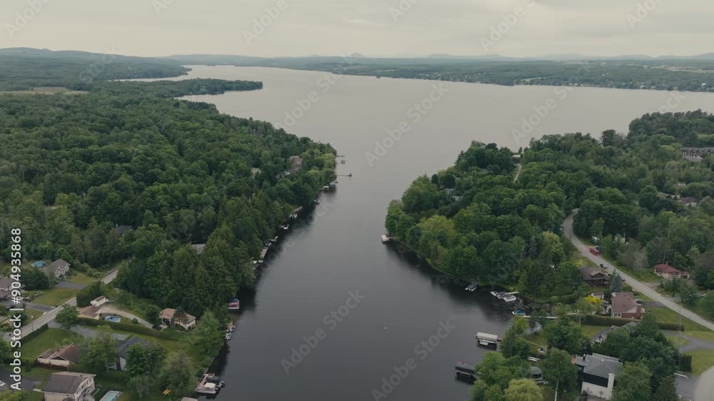 Magog Rivermouth On Sherbrooke Coastal Town In Quebec, Canada. Aerial Shot Magog Rivermouth On Sherbrooke Coastal Town In Quebec, Canada. Aerial Shot