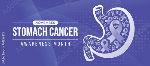 November, Stomach cancer awareness month - Periwinkle ribbon awareness symbols in white drawing line stomach sign on abstract dot texture purple background vector design