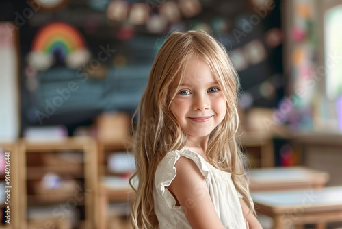 Little smiling blond girl standing in the school classroom