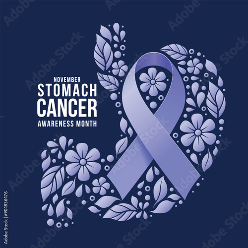 Stomach cancer awareness month - Periwinkle ribbon awareness symbol flowers leaves around to stomach shape on dark purple background vector design