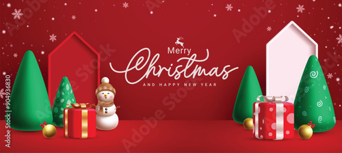 Christmas podium vector banner design. Merry christmas greeting text in snowflakes backdrop with pine tree, gifts and snowman for xmas product display promotion. Vector illustration holiday season 