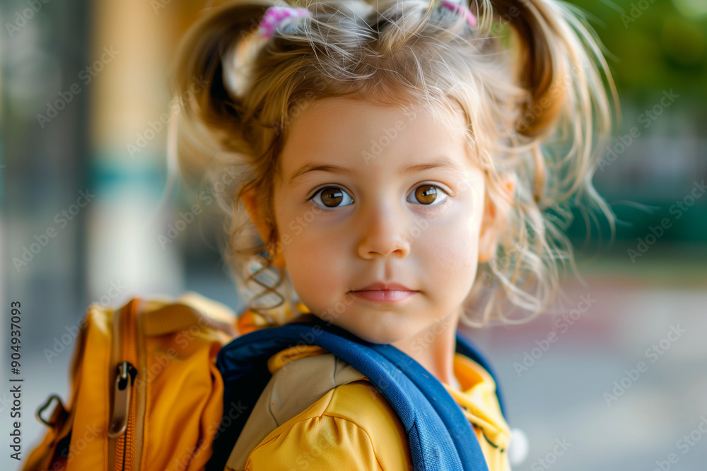 Portrait of a little girl going back to school . Child wearing a backpack ready for the first day of kindergarten , ready for the first day in the school. Portrait of a little girl going back to school . Child wearing a backpack ready for the first day of kindergarten , ready for the first day in the school.