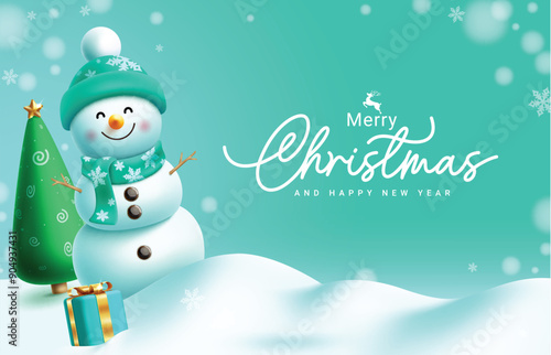 Christmas snowman character vector design. Merry christmas greeting text with snowman wearing hat and scarf elements in snow winter green background. Vector illustration holiday season greeting card 