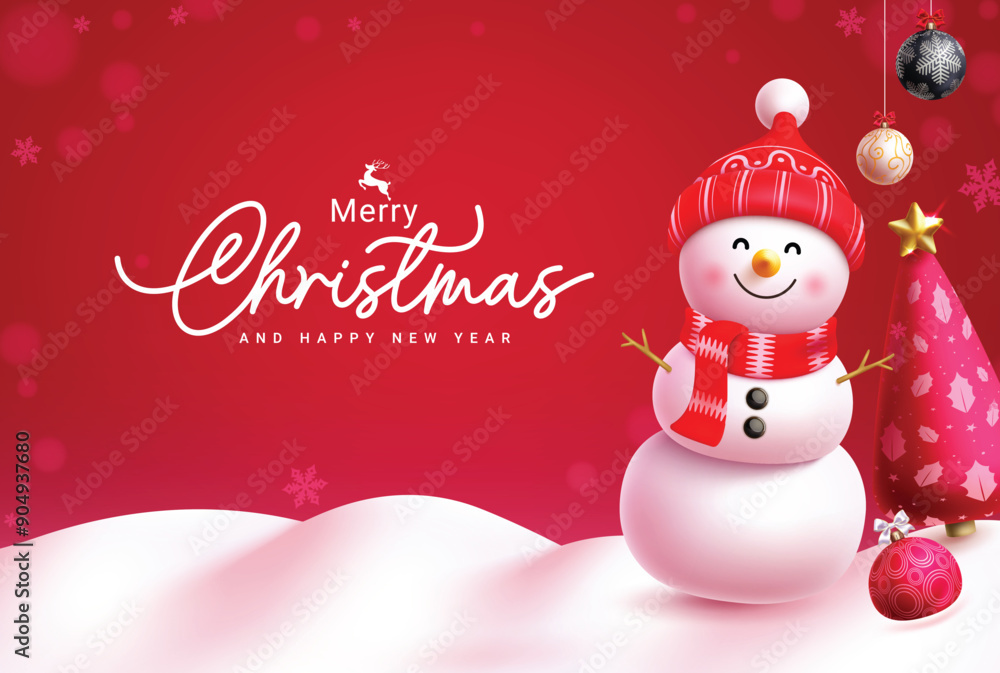 Merry christmas greeting vector design. Christmas and happy new year greeting text with cute snowman character, pine tree and xmas balls in red snow winter background. Vector illustration holiday Merry christmas greeting vector design. Christmas and happy new year greeting text with cute snowman character, pine tree and xmas balls in red snow winter background. Vector illustration holiday