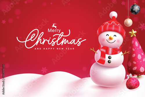 Merry christmas greeting vector design. Christmas and happy new year greeting text with cute snowman character, pine tree and xmas balls in red snow winter background. Vector illustration holiday 