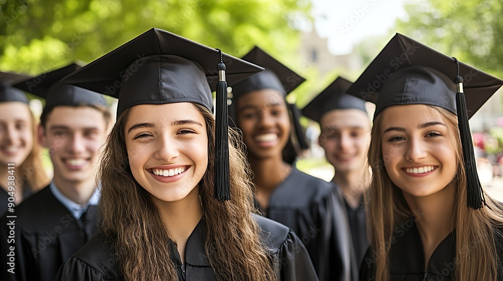 Smiling Graduate Female Cap Gown Confetti Celebration Academic Achievement Smiling Graduate Female Cap Gown Confetti Celebration Academic Achievement