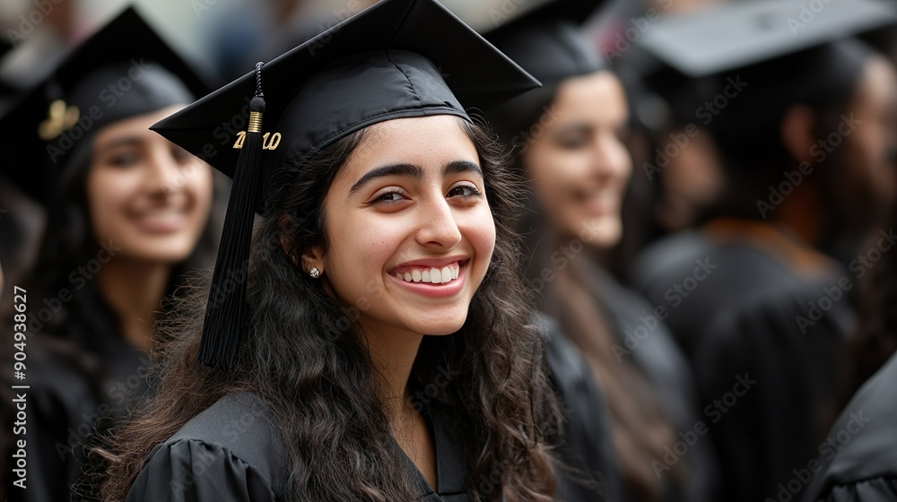 Obraz premium Graduate Student Smiling Cap Gown Outdoor Ceremony Academic Achievement