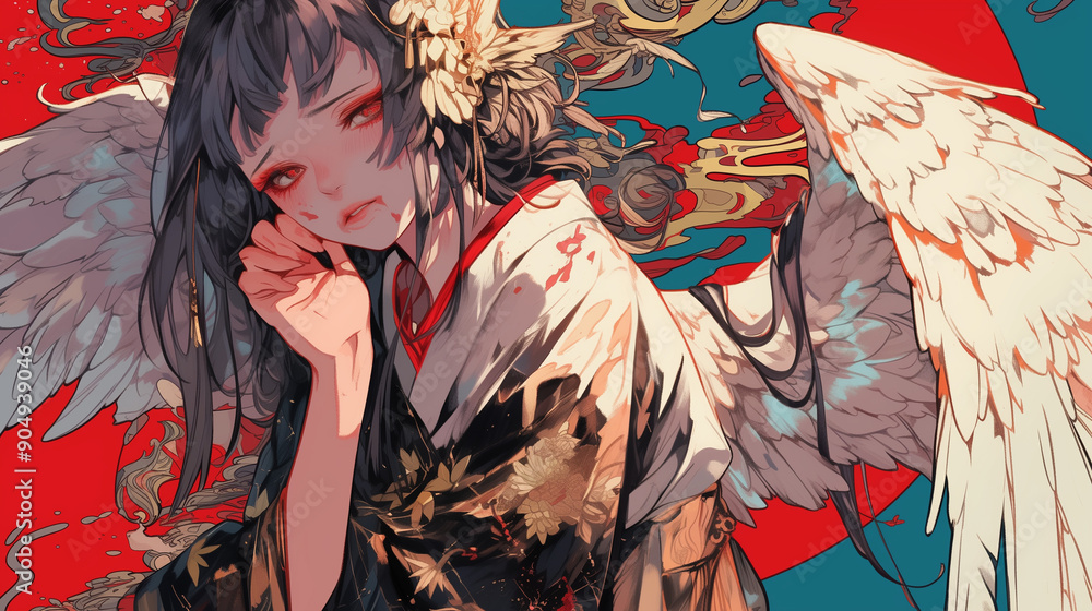 Fototapeta premium Japanese anime style illustration of a beautiful wounded fallen angel.