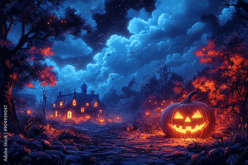 Naklejka premium Haunted Halloween night in the village with houses, pumpkins and lanterns