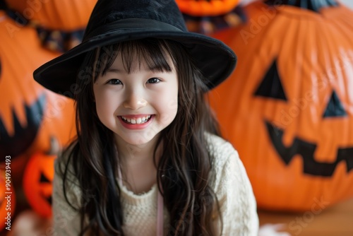 ハロウィーンを楽しむ笑顔の日本人の子供の写真（コスプレ・仮装・秋・10月・お祭り）