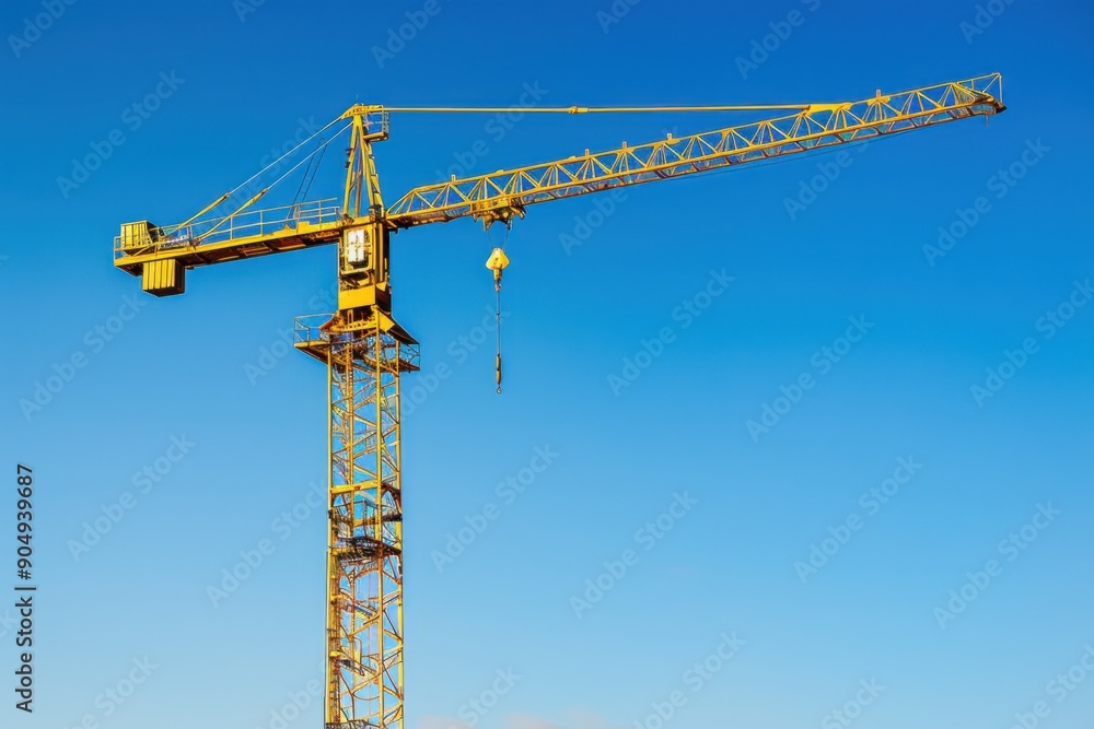 Crane in Yellow. Towering Over Urban Construction Site with Blue Sky Crane in Yellow. Towering Over Urban Construction Site with Blue Sky