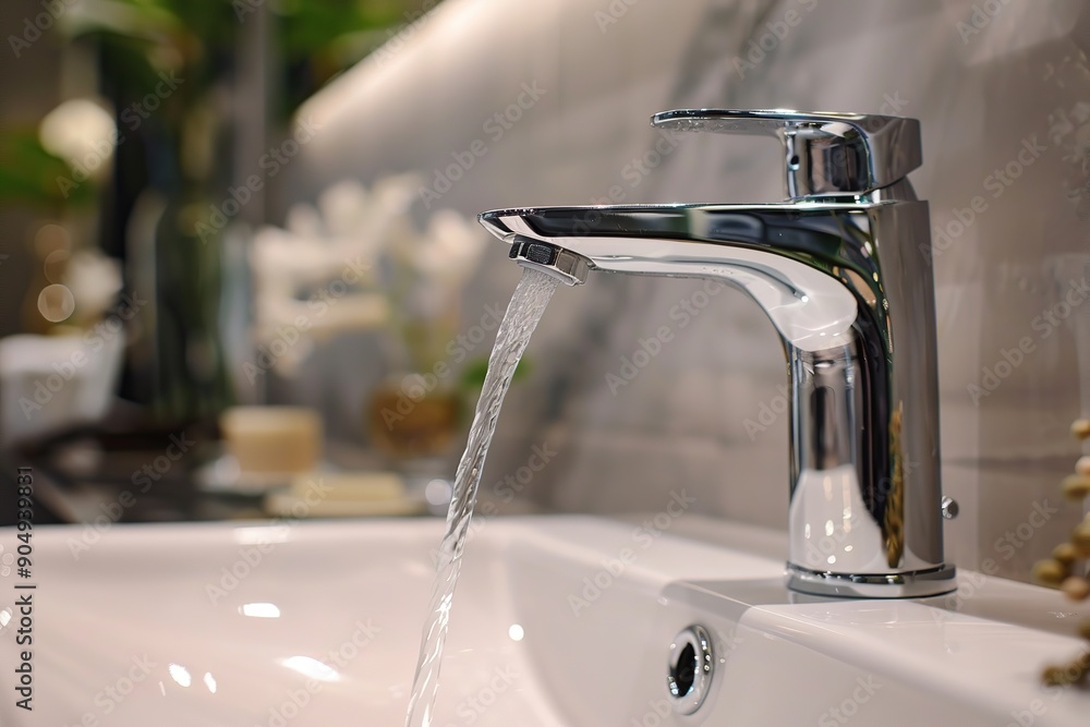 Modern faucet and water flow. Stylish white sink, faucets in a light interior. Chrome steel tap. Domestic Appliances. Gray clean bright bathroom. Household equipment. New water Tap. Contemporary style Modern faucet and water flow. Stylish white sink, faucets in a light interior. Chrome steel tap. Domestic Appliances. Gray clean bright bathroom. Household equipment. New water Tap. Contemporary style