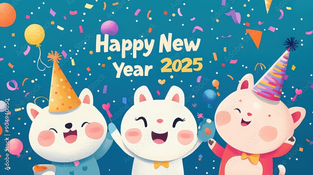 Fototapeta premium Happy New Year 2025 Celebration with Cute Characters