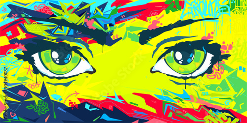 Trendy Abstract Urban Futuristic Street Art Graffiti Style Background With Big Eyes Illustration