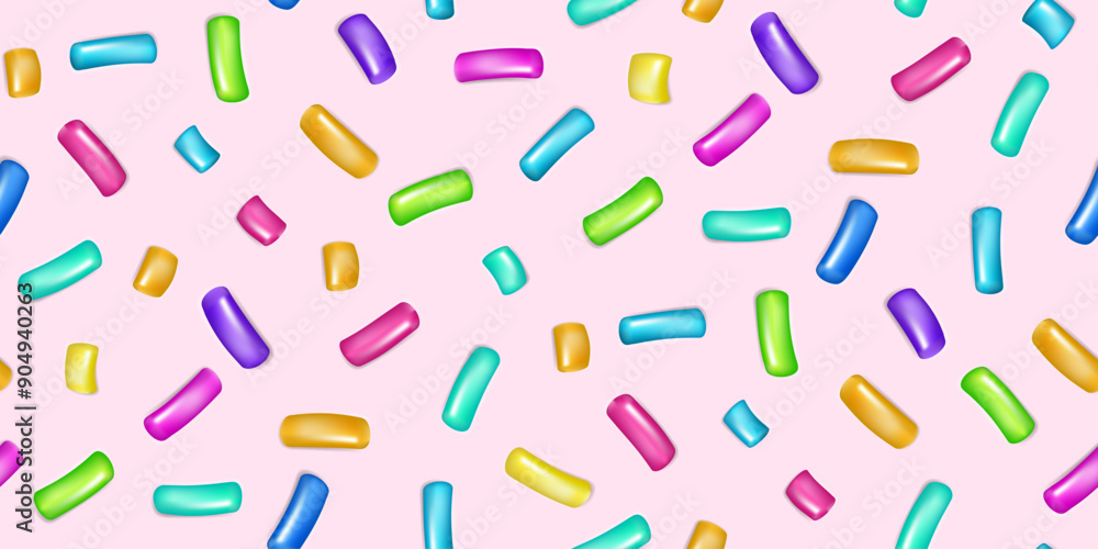Sprinkle realistic with grains of desserts. Seamless pattern bright colorful sprinkles grainy isolated on pink. Design for holiday designs, party, birthday, invitation. Vector 3d sweet confetti Sprinkle realistic with grains of desserts. Seamless pattern bright colorful sprinkles grainy isolated on pink. Design for holiday designs, party, birthday, invitation. Vector 3d sweet confetti