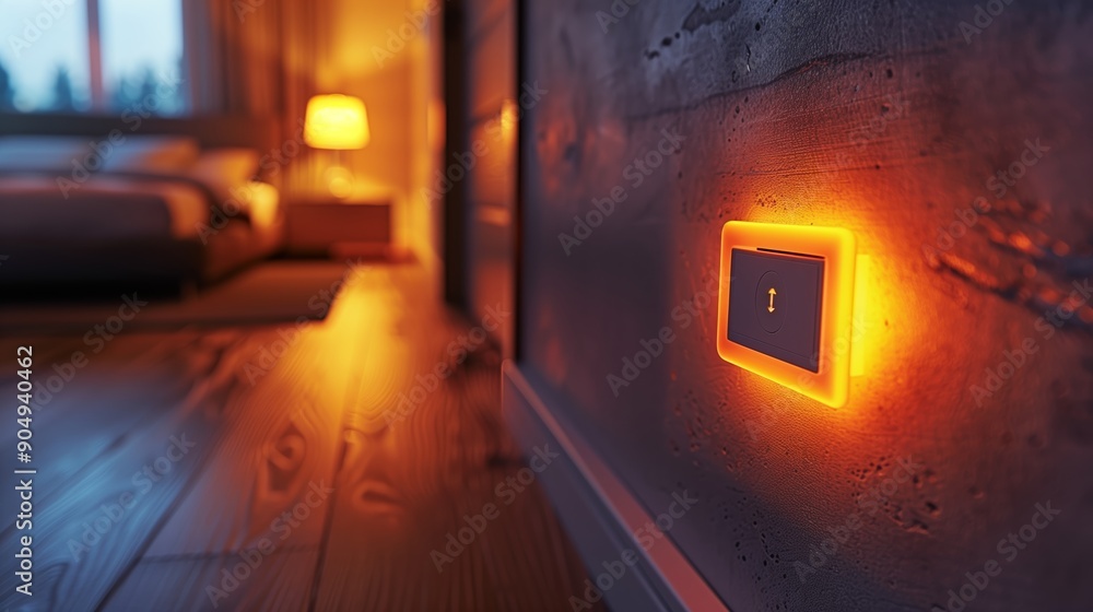 Fototapeta premium Illuminated Wall Switch in Cozy Bedroom During Soft Evening Light