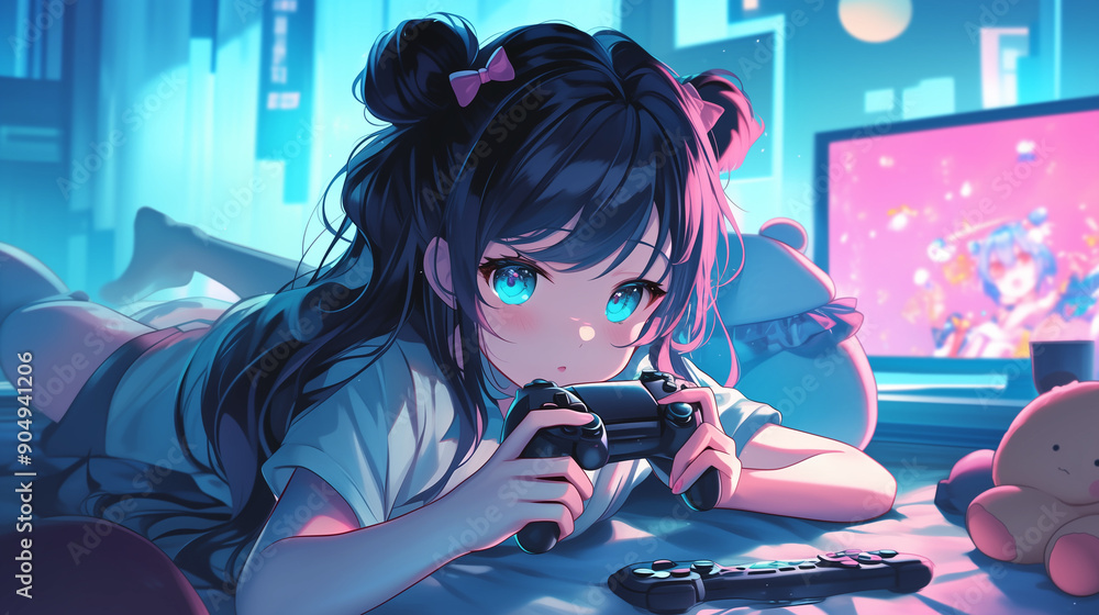 Sweet anime girl seriously involved in her game. Sweet anime girl seriously involved in her game.