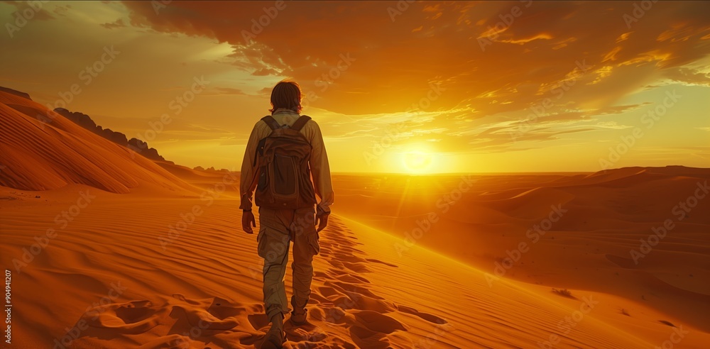 Solo Hiker Walking Through Desert Landscape at Sunset With Vibrant Colors Above Solo Hiker Walking Through Desert Landscape at Sunset With Vibrant Colors Above