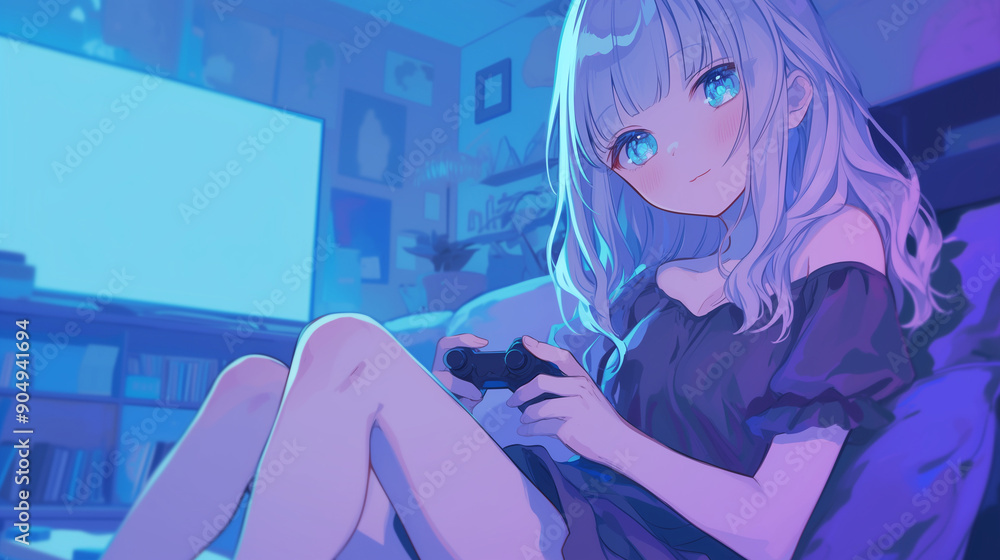 Cute anime girl intensely playing a video game. Cute anime girl intensely playing a video game.