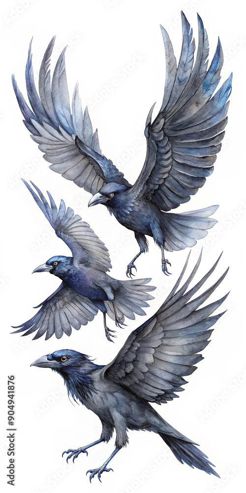 Obraz premium crows flying in dynamic formation against a blurred forest background.