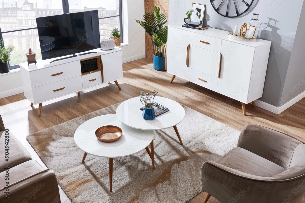 Fototapeta premium Scandinavian inspired white and oak gloss living room set with tv unit, coffee table, and sideboard