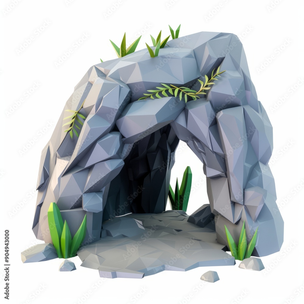 Fototapeta premium 3D Render, Low Poly style of haunted cave entrance, on isolated white background, Generative AI