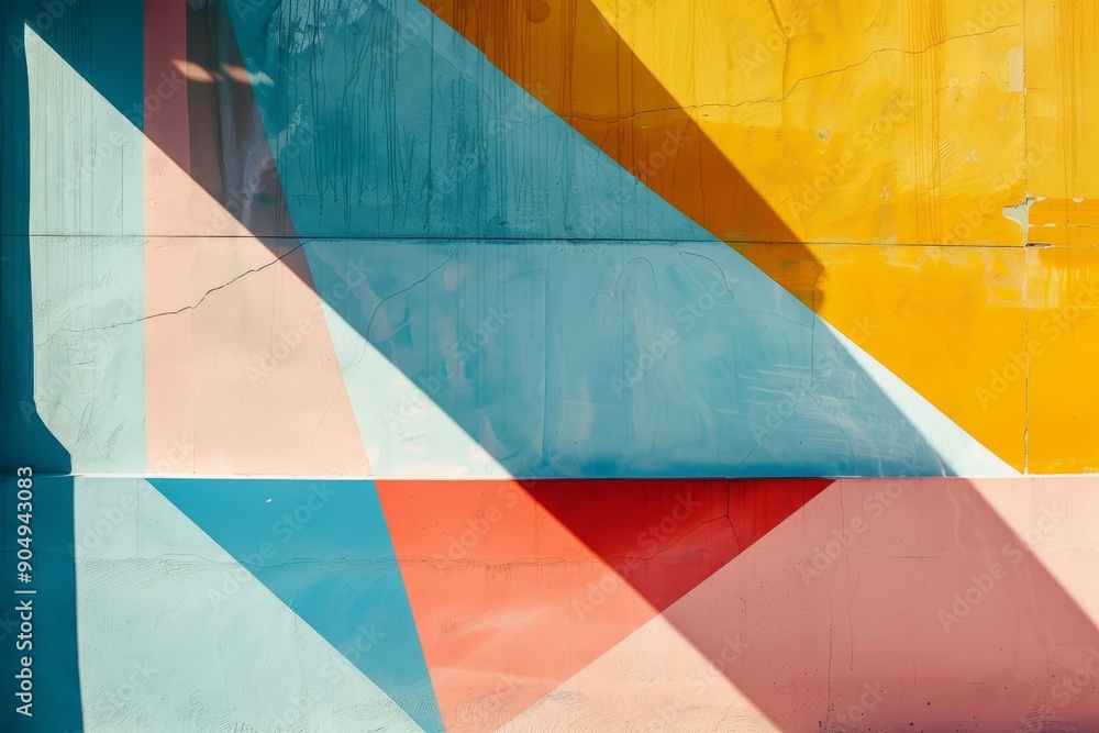 Obraz premium A colorful wall featuring an array of triangles painted in harmonious hues, Geometric shapes in a harmonious color palette