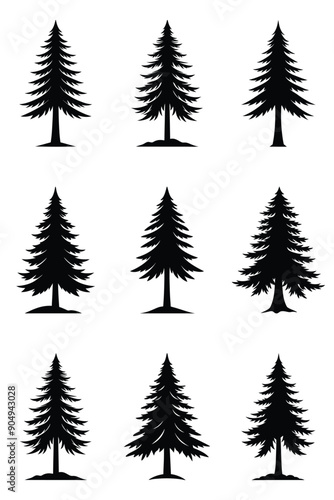 Pine trees silhouette set. Black silhouettes of pine trees on white background. Vector illustration