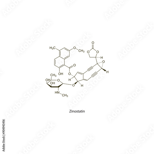 Zinostatin flat skeletal molecular structure Antineoplastic drug used in cancer treatment. Vector illustration scientific diagram.