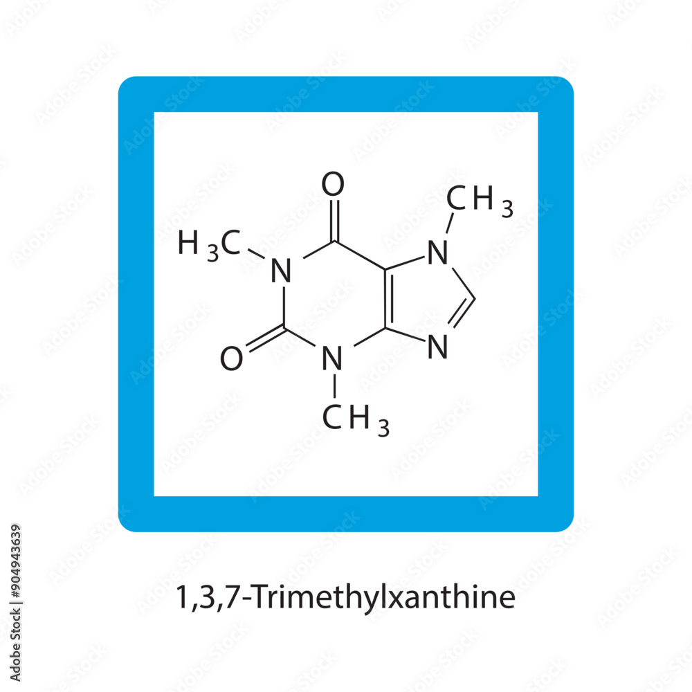 Fototapeta premium 1,3,7 Trimethylxzanthine skeletal structure schematic illustration, nucleobase molecule.