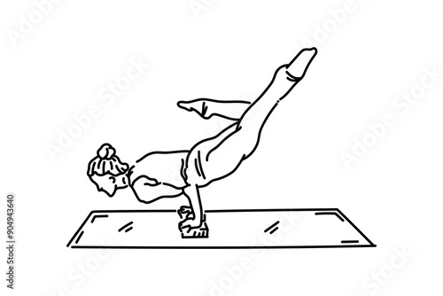 Woman doing body balance movements on a mat, hand drawn line drawing vector illustration