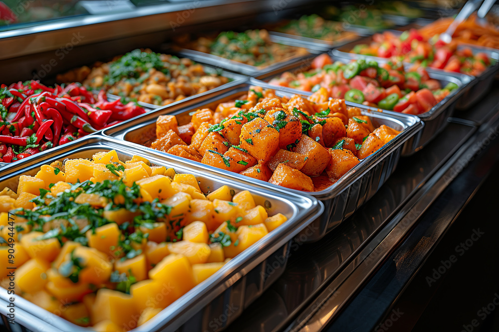 Buffet of food with a variety of dishes including vegetables and fruits Buffet of food with a variety of dishes including vegetables and fruits