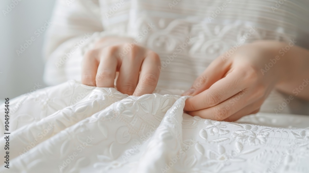 Macro shot of fingers adjusting a pillowcase with intricate embroidery.