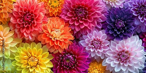 Flowers composition background. Flat lay Top view. Border frame made of magenta, yellow, blue, red dahlia. Vivid saturated multicolored flowerheads. Beautiful backdrop design. Floral assorted dahlias