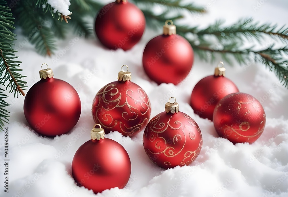 Vibrant red Christmas ornaments resting on a smooth white snowy surface, glistening under warm golden sunlight with a soft shadow cast behind them Vibrant red Christmas ornaments resting on a smooth white snowy surface, glistening under warm golden sunlight with a soft shadow cast behind them