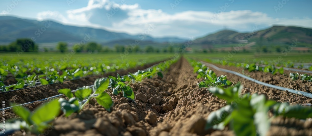 Lush Green Crops Growing in Neat Rows on a Sunny Day with Mountains in the Background Lush Green Crops Growing in Neat Rows on a Sunny Day with Mountains in the Background