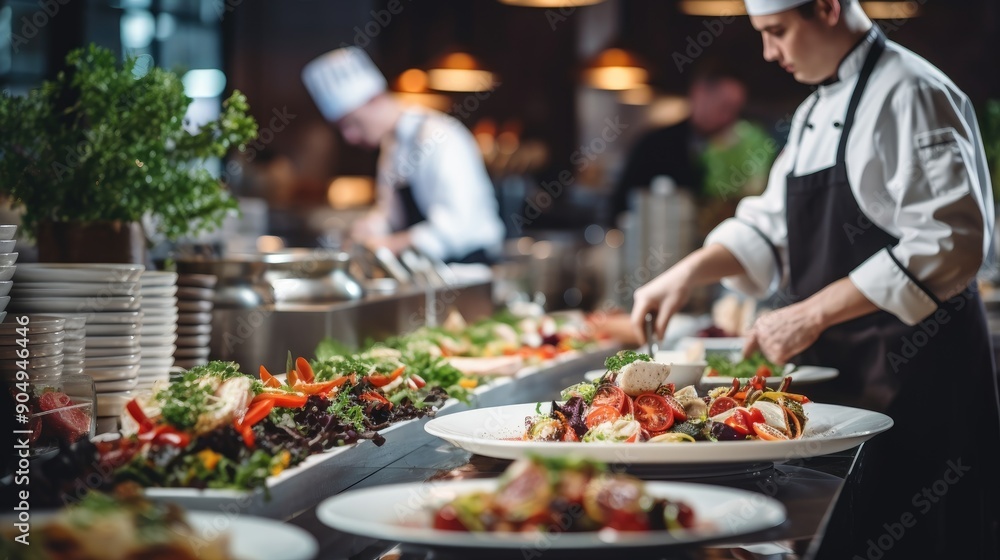 Chefs preparing gourmet dishes in a modern commercial kitchen setting. Chefs preparing gourmet dishes in a modern commercial kitchen setting.