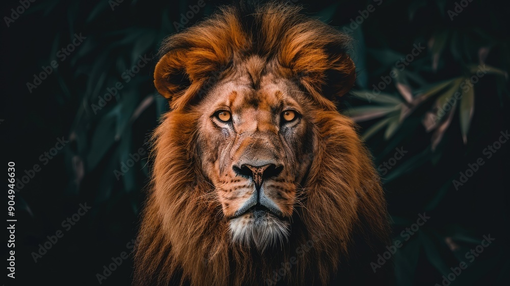 Fototapeta premium Close-up portrait of a fierce and powerful lion with an intense expression.