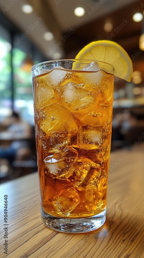 Refreshing iced tea with lemon slice in a cafe setting Refreshing iced tea with lemon slice in a cafe setting