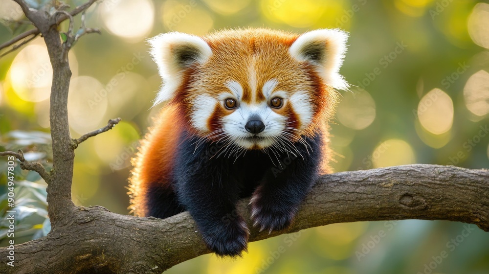 Obraz premium Adorable red panda cub relaxing on a branch