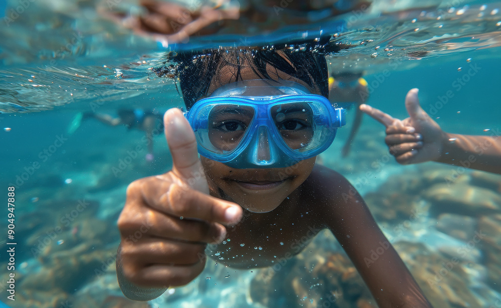 Naklejka premium happy indian boy showing thumbs up under water