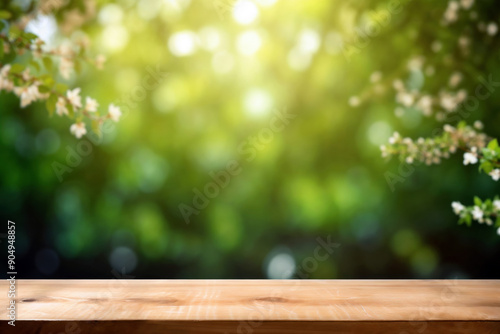 Empty wooden tabletop with a blurred green nature background of springtime blossoming trees