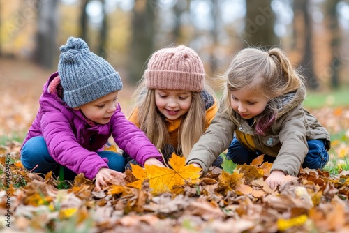 Three Children Playing Joyfully With Colorful Autumn Leaves in a Park During Fall Afternoon