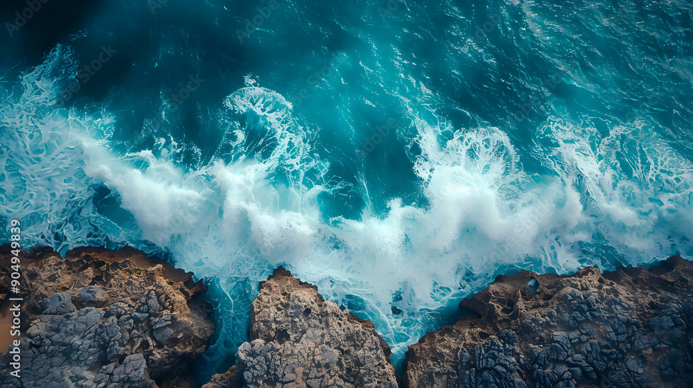 Obraz premium Aerial view of the ocean rocky shore.