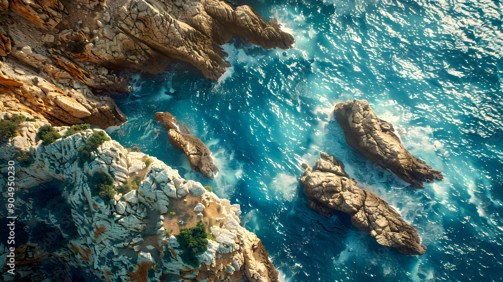 Fototapeta premium Aerial view of the ocean rocky shore.