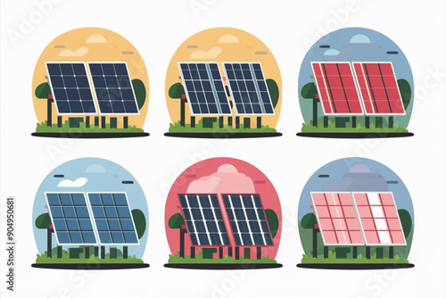 A set of solar panels in different styles on white background 
