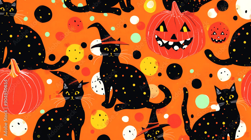 Naklejka premium Halloween Style Black Cats Wallpaper Background Witch Hats Dark Orange Pumpkin Colorful Illustration Seamless Patterns 16:9